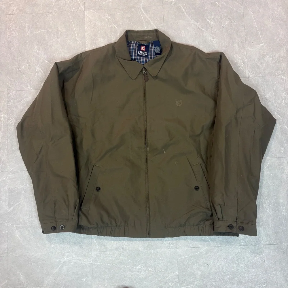 Chaps Mens XXL Olive Green Harrington Jacket Plaid Lined Full Zip Lightweight